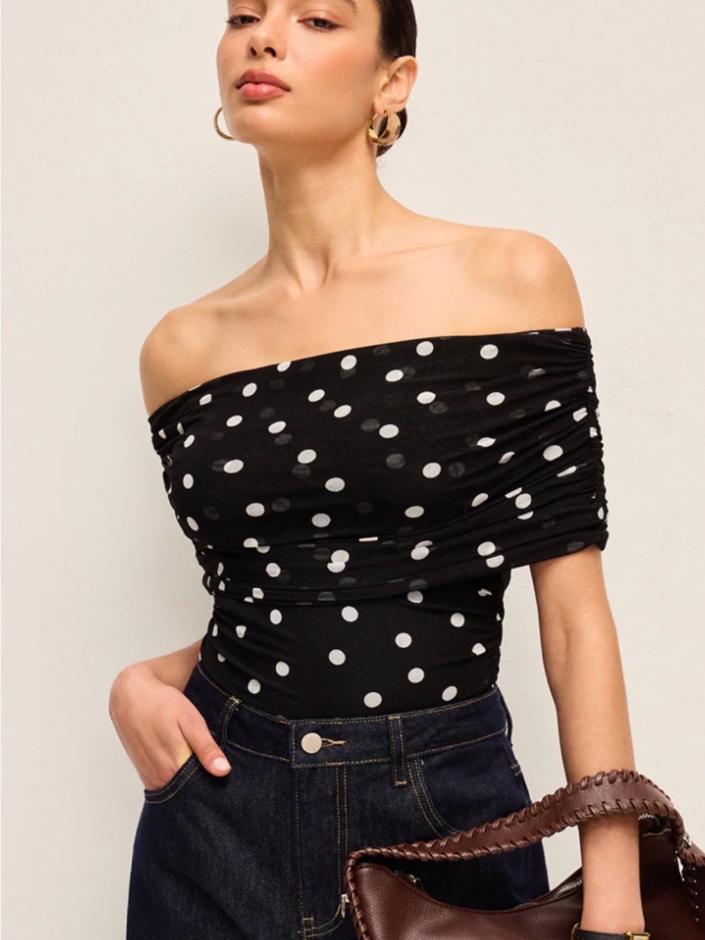 Off-Shoulder Black Polka Dot Top